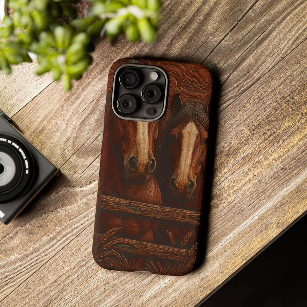 Draft Horse iPhone Case – Draft Horses at the Fence Tooled Leather | Tough Dual-Layer Case, iPhone 11–17