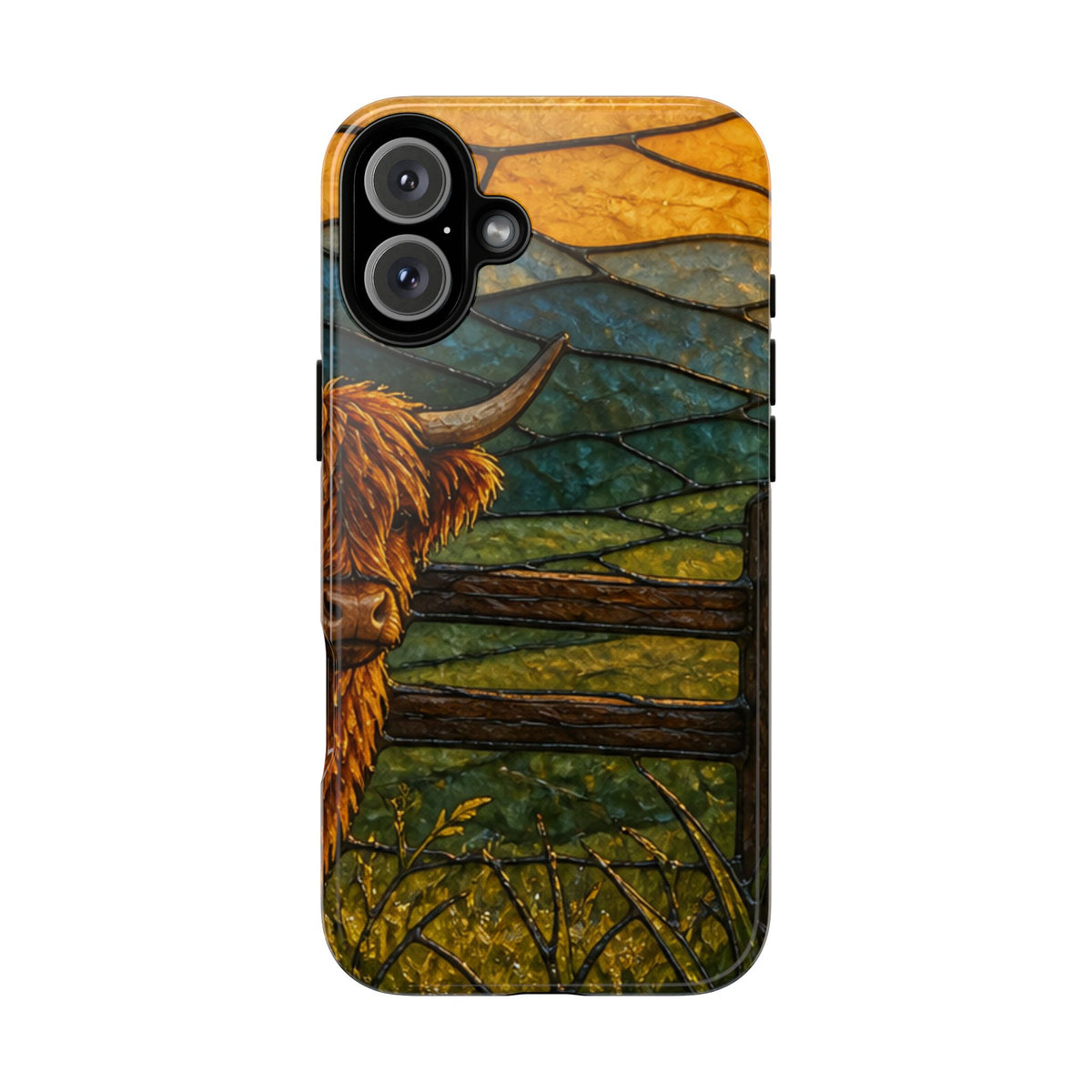 Highland Cow iPhone Case – Mini Highland - Stained Glass Morning Pasture | Tough Dual-Layer Case, iPhone 11–17