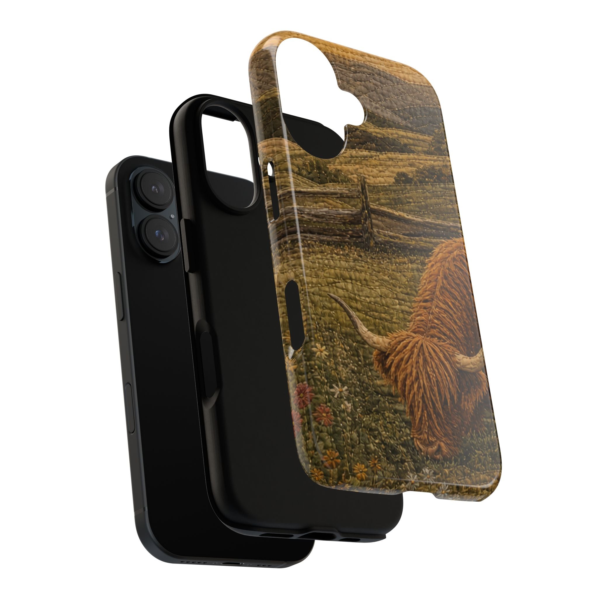 Highland Cow iPhone Case – Mini Highland - Heirloom Quilt Meadow | Tough Dual-Layer Case, iPhone 11–17