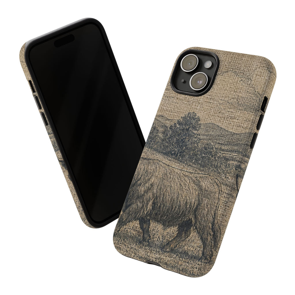Highland Cow iPhone Case – Mini Highland - Linen Field Engraving | Tough Dual-Layer Case, iPhone 11–17