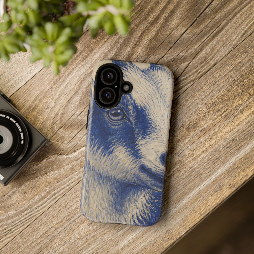 Goat iPhone Case – Pygmy Goat - Cobalt Transferware Portrait | Tough Dual-Layer Case, iPhone 11–17