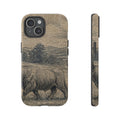 Highland Cow iPhone Case – Mini Highland - Linen Field Engraving | Tough Dual-Layer Case, iPhone 11–17
