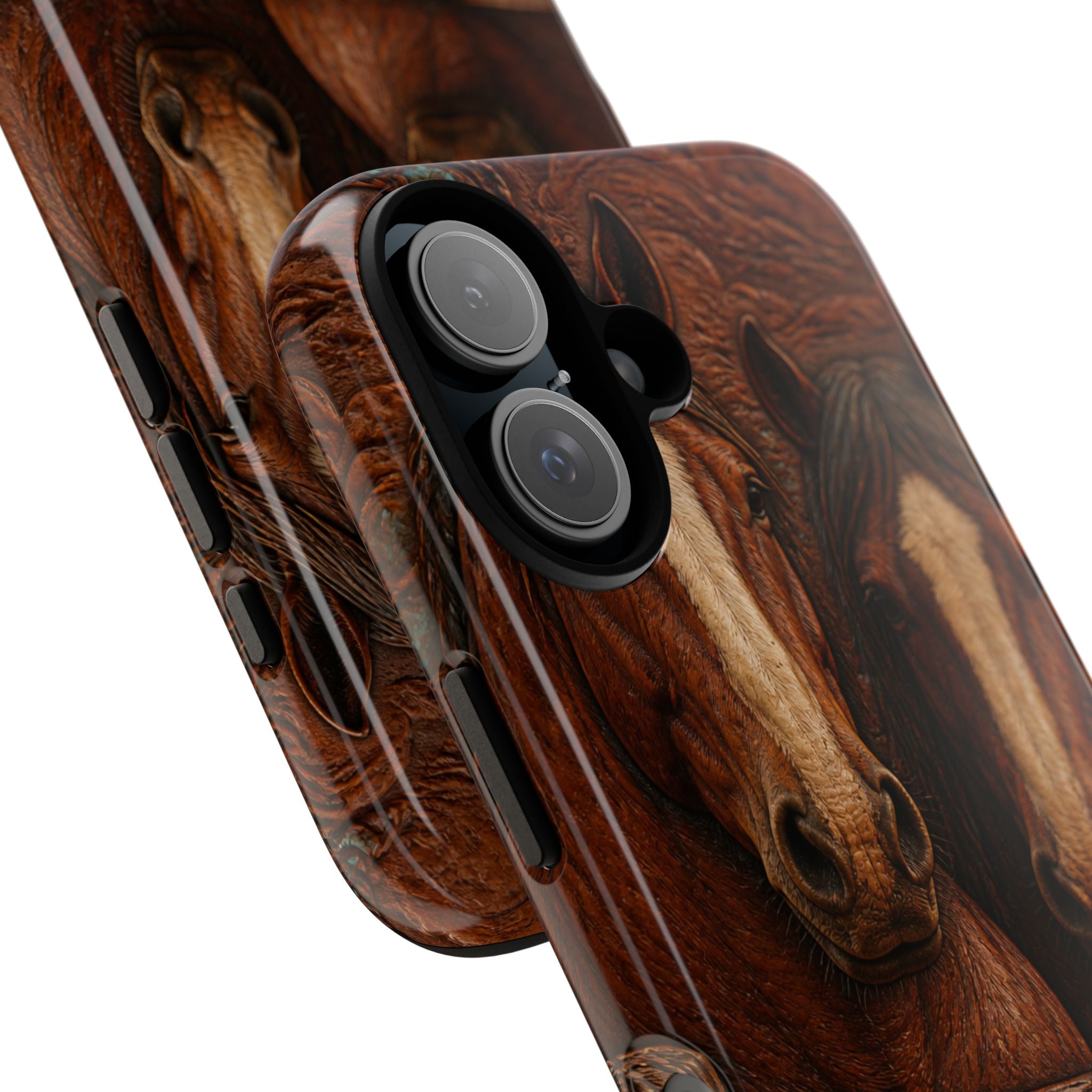 Draft Horse iPhone Case – Draft Horses at the Fence Tooled Leather | Tough Dual-Layer Case, iPhone 11–17