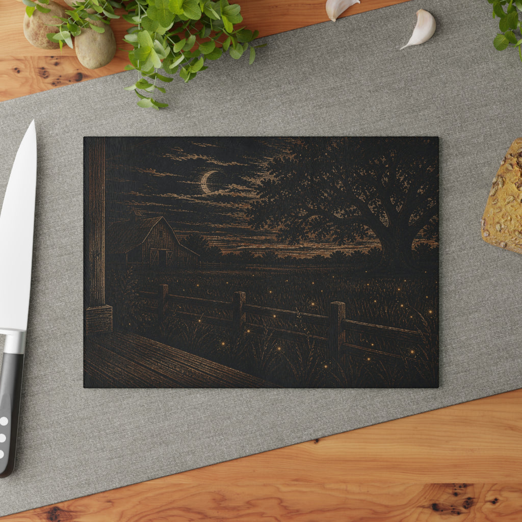 Firefly Glass Cutting Board – Night Linocut Fireflies | Tempered Glass Charcuterie & Serving Board