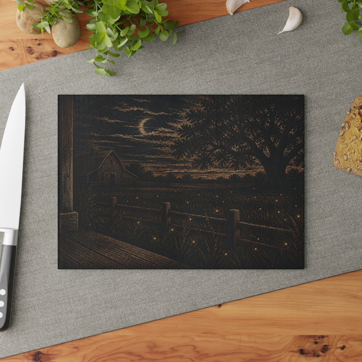 Firefly Glass Cutting Board – Night Linocut Fireflies | Tempered Glass Charcuterie & Serving Board