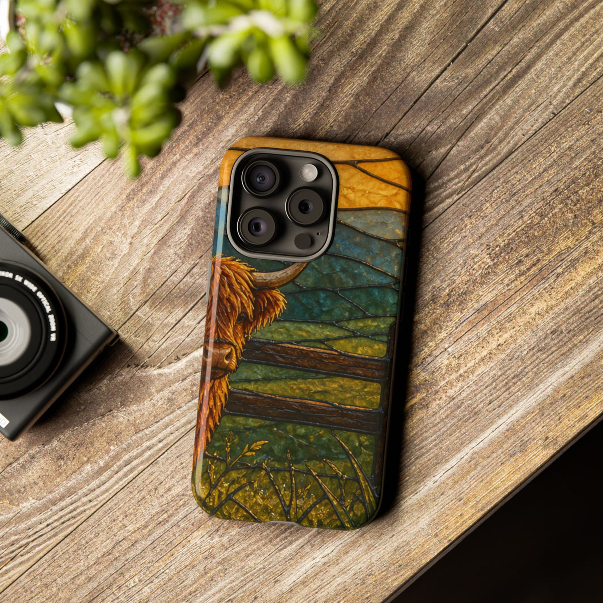 Highland Cow iPhone Case – Mini Highland - Stained Glass Morning Pasture | Tough Dual-Layer Case, iPhone 11–17
