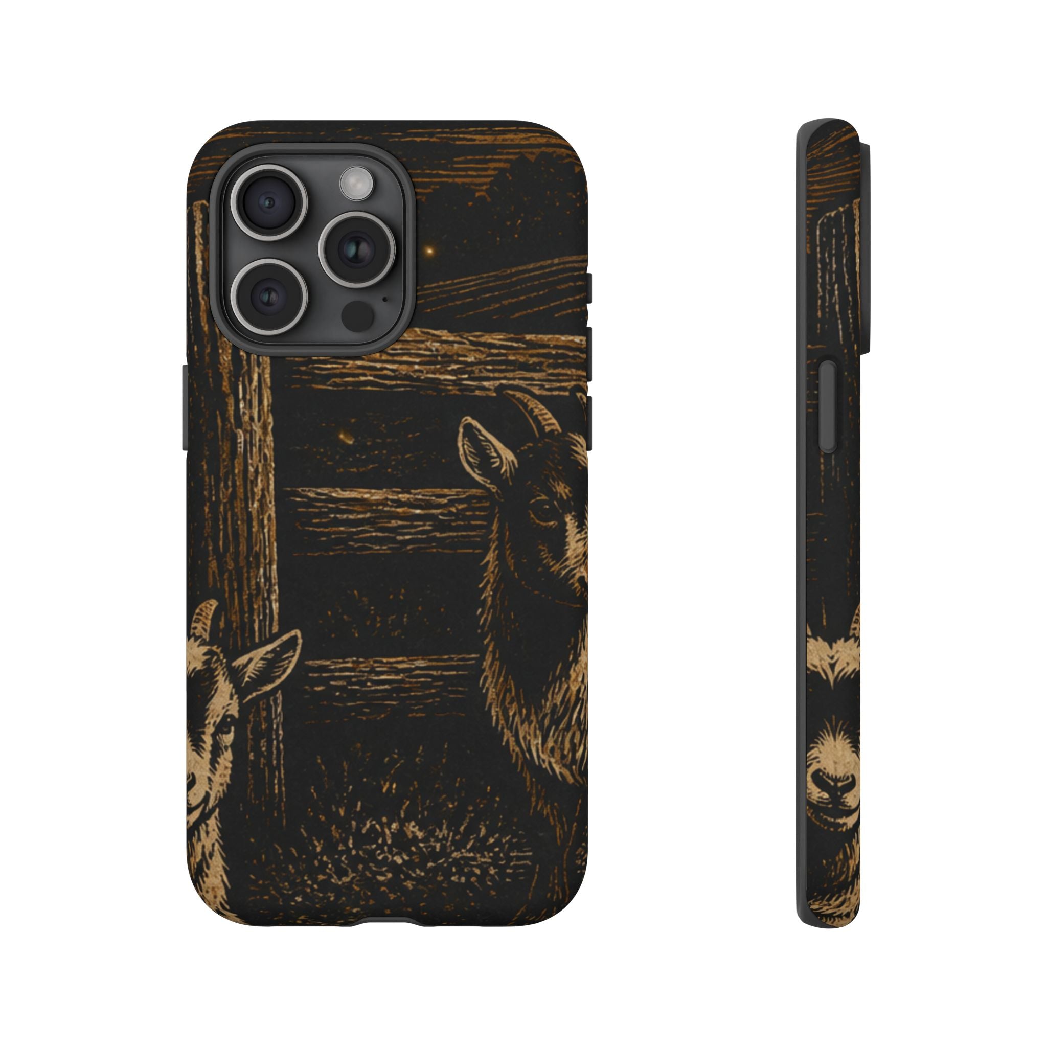 Goat iPhone Case – Pygmy Goats - Night Linocut Fireflies | Tough Dual-Layer Case, iPhone 11–17