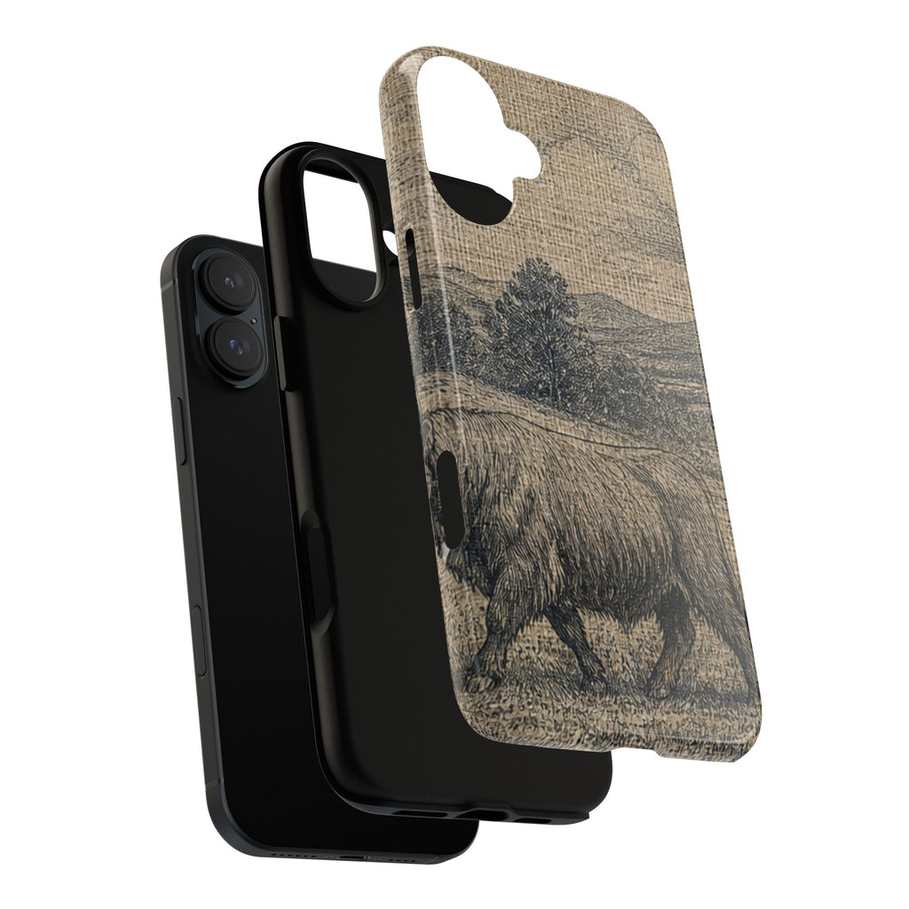 Highland Cow iPhone Case – Mini Highland - Linen Field Engraving | Tough Dual-Layer Case, iPhone 11–17