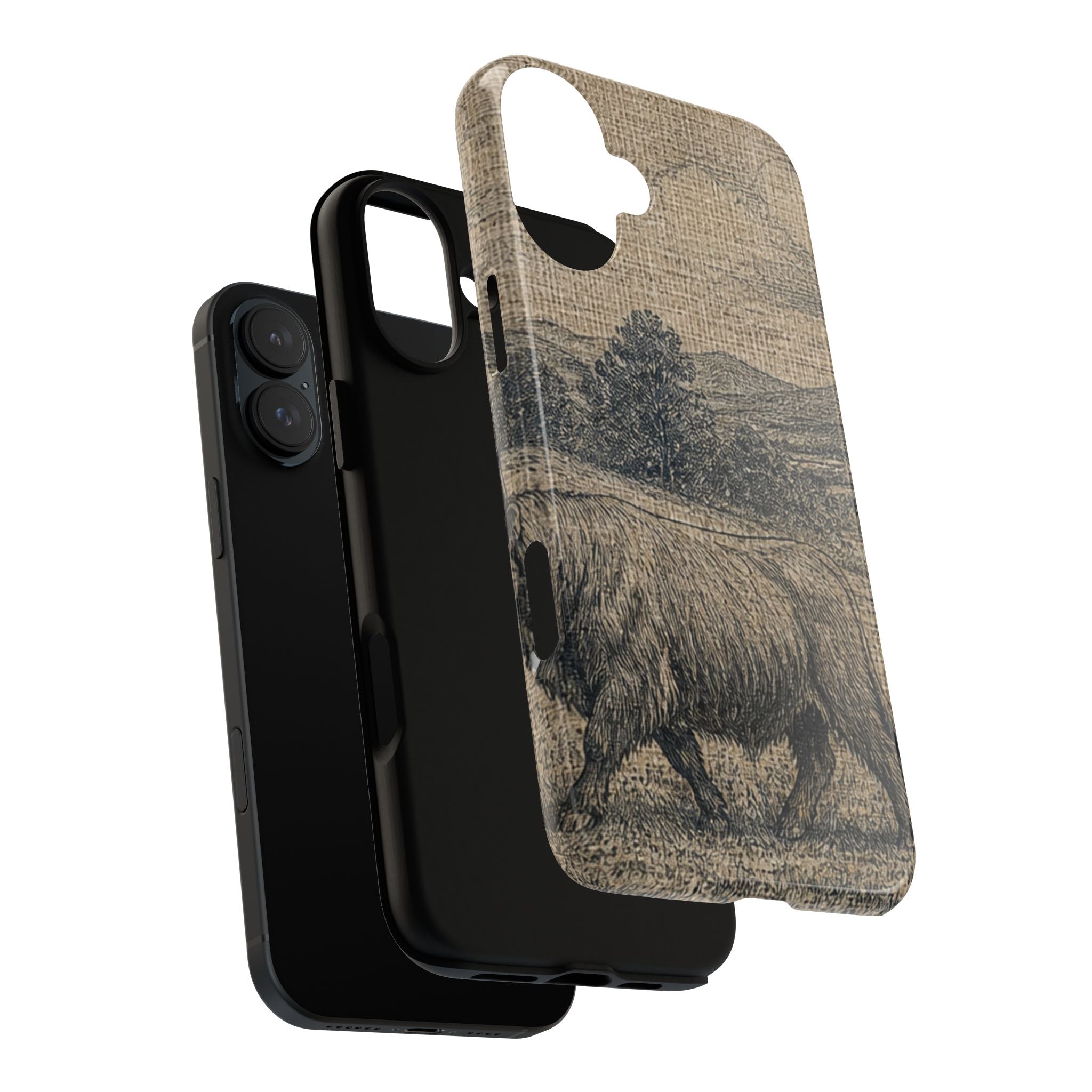 Highland Cow iPhone Case – Mini Highland - Linen Field Engraving | Tough Dual-Layer Case, iPhone 11–17