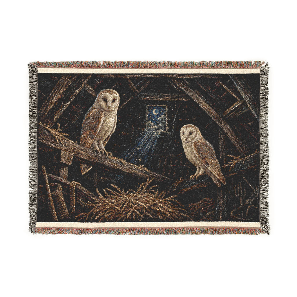 Barn Owl Woven Blanket – Barn Owls in the Rafters Velvet Needlepoint | Cotton Wall Tapestry Throw, 52x37