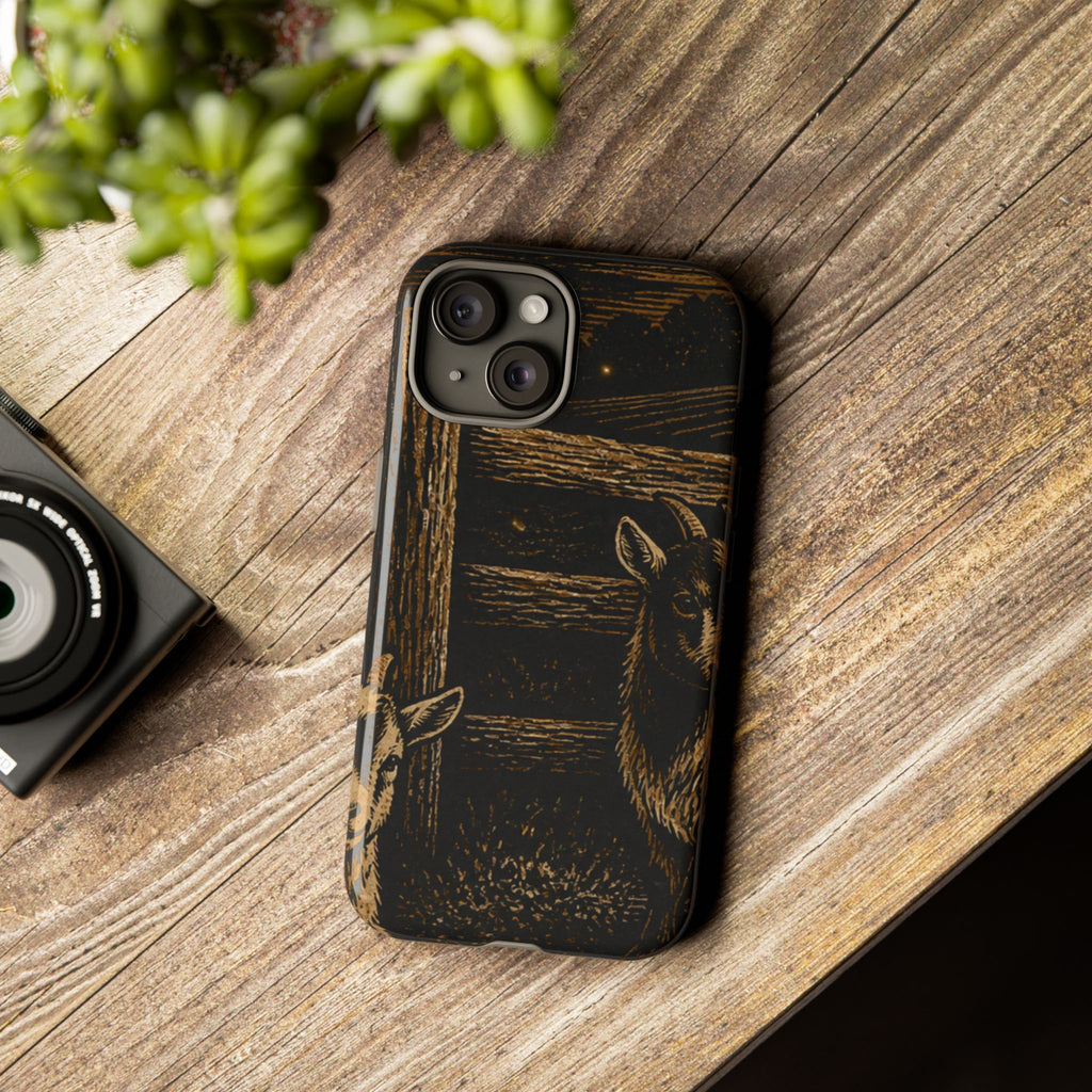 Goat iPhone Case – Pygmy Goats - Night Linocut Fireflies | Tough Dual-Layer Case, iPhone 11–17