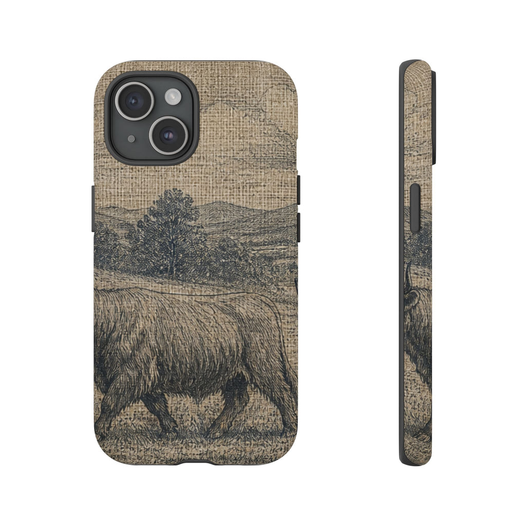 Highland Cow iPhone Case – Mini Highland - Linen Field Engraving | Tough Dual-Layer Case, iPhone 11–17