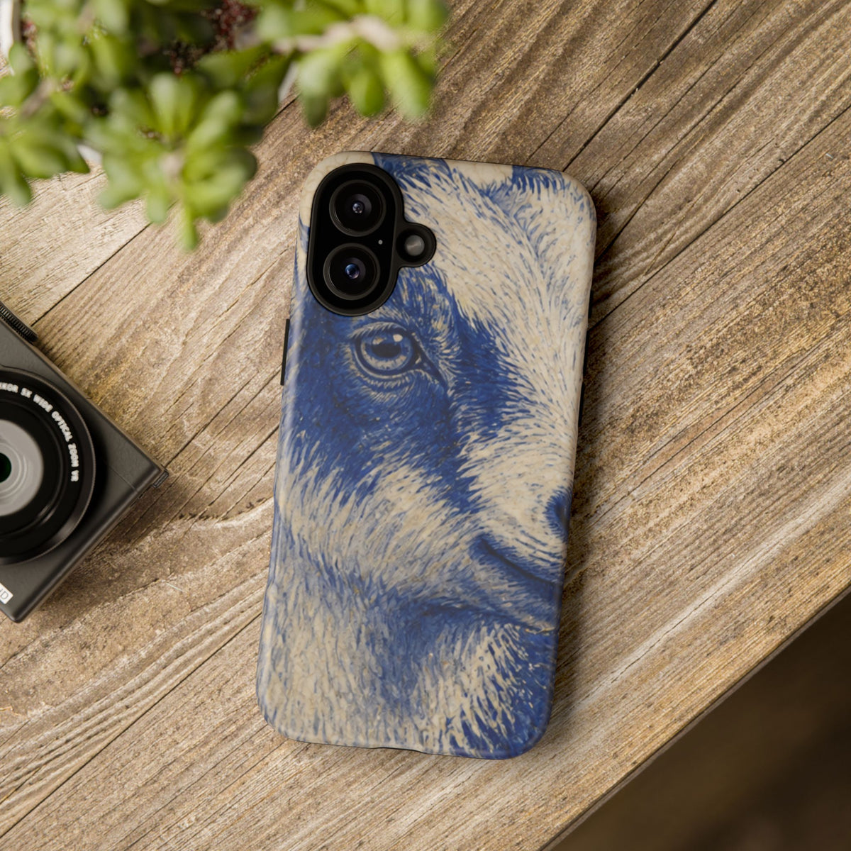Goat iPhone Case – Pygmy Goat - Cobalt Transferware Portrait | Tough Dual-Layer Case, iPhone 11–17
