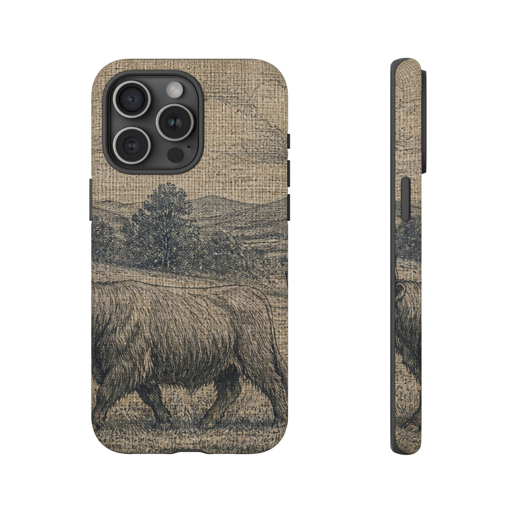 Highland Cow iPhone Case – Mini Highland - Linen Field Engraving | Tough Dual-Layer Case, iPhone 11–17