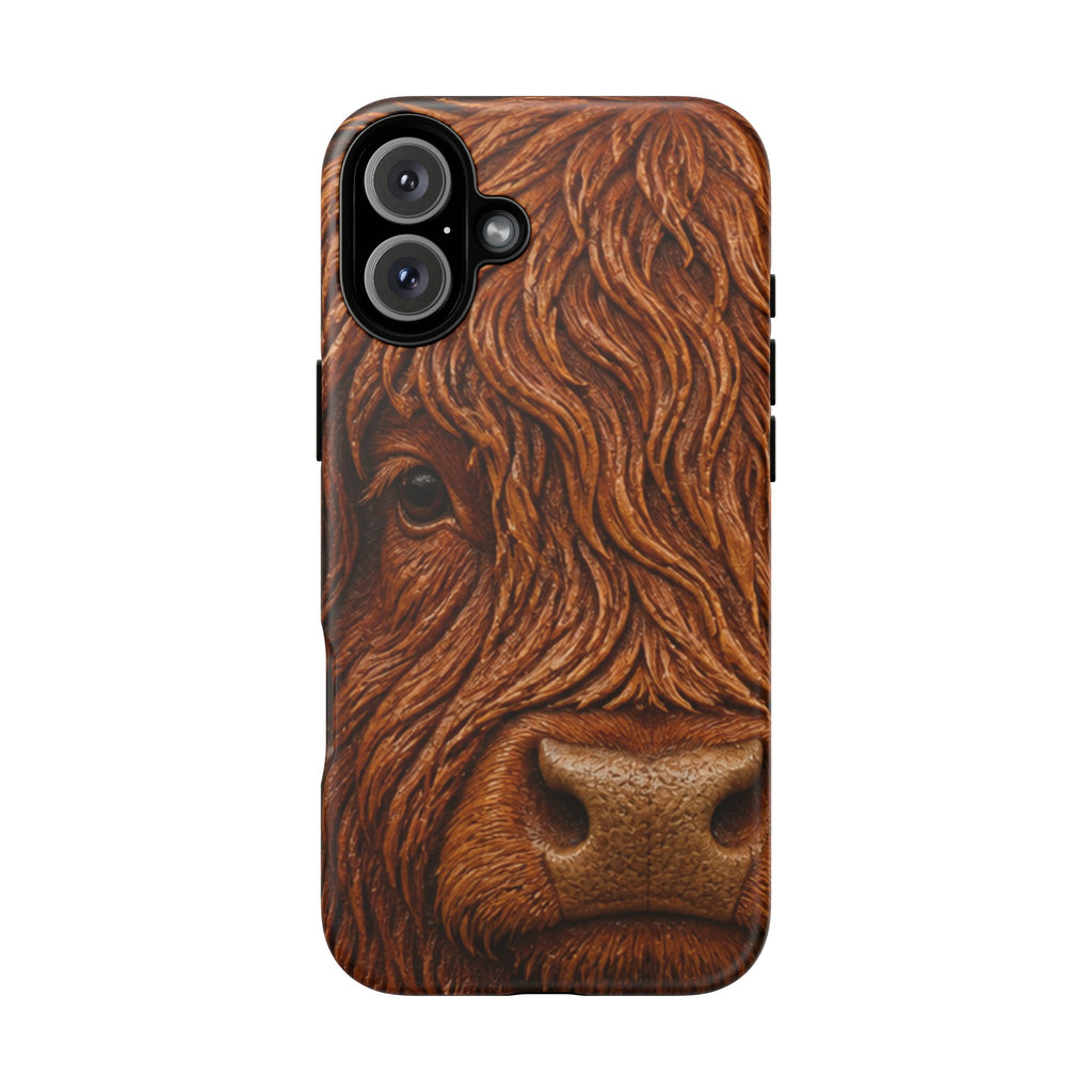 Highland Cow iPhone Case – Mini Highland - Tooled Leather Portrait | Tough Dual-Layer Case, iPhone 11–17