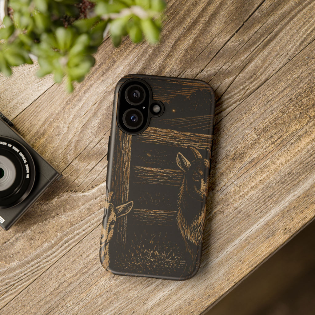 Goat iPhone Case – Pygmy Goats - Night Linocut Fireflies | Tough Dual-Layer Case, iPhone 11–17