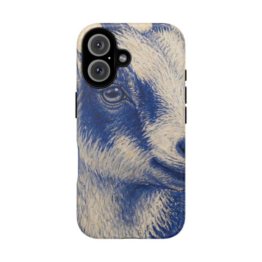 Goat iPhone Case – Pygmy Goat - Cobalt Transferware Portrait | Tough Dual-Layer Case, iPhone 11–17