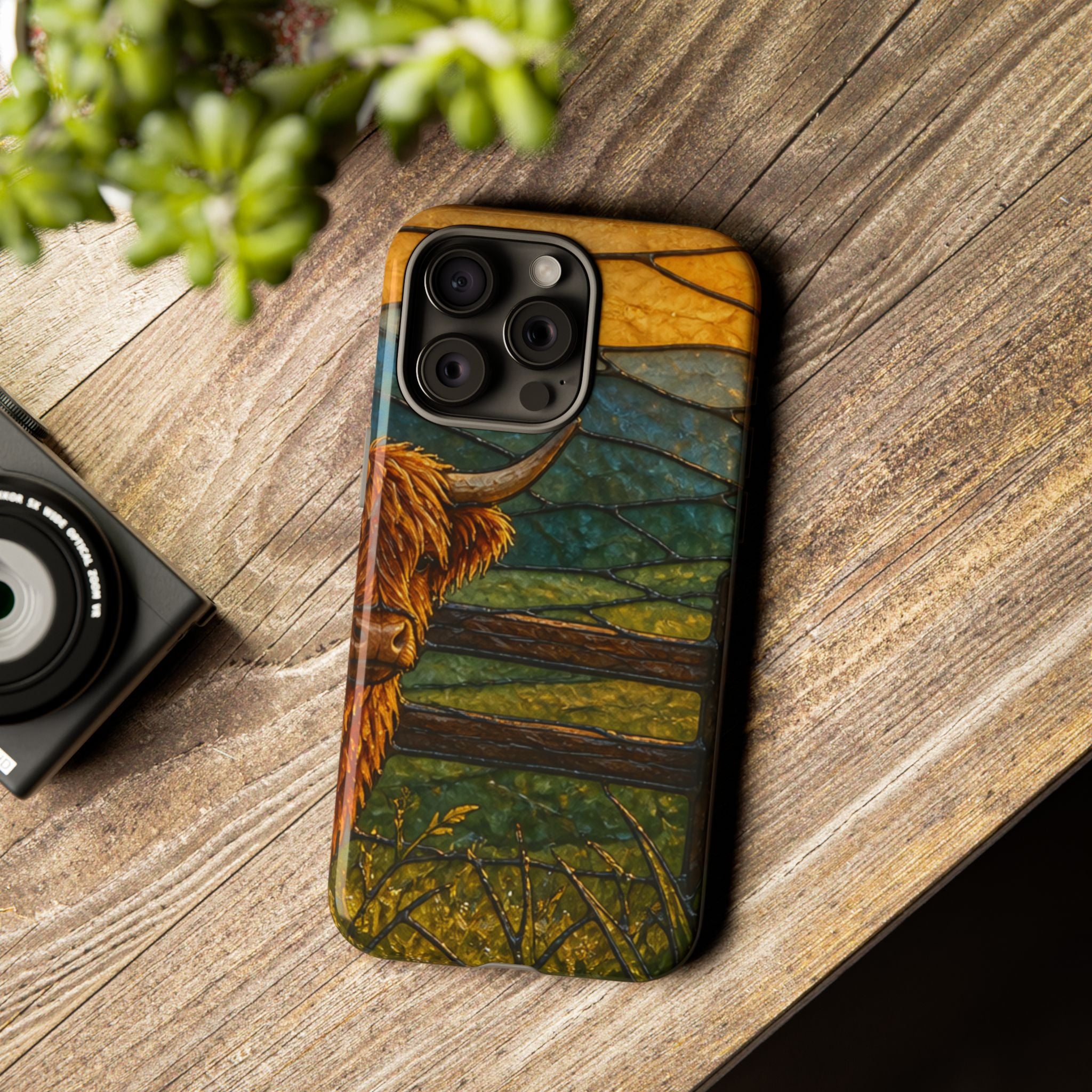 Highland Cow iPhone Case – Mini Highland - Stained Glass Morning Pasture | Tough Dual-Layer Case, iPhone 11–17