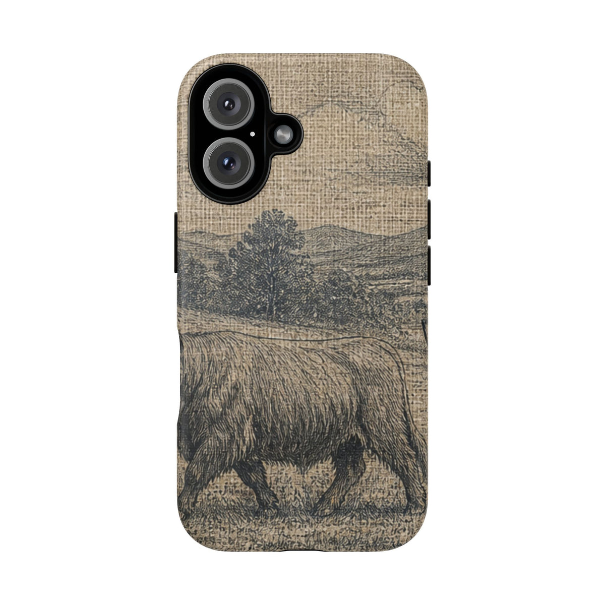 Highland Cow iPhone Case – Mini Highland - Linen Field Engraving | Tough Dual-Layer Case, iPhone 11–17