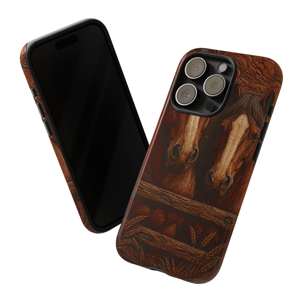 Draft Horse iPhone Case – Draft Horses at the Fence Tooled Leather | Tough Dual-Layer Case, iPhone 11–17