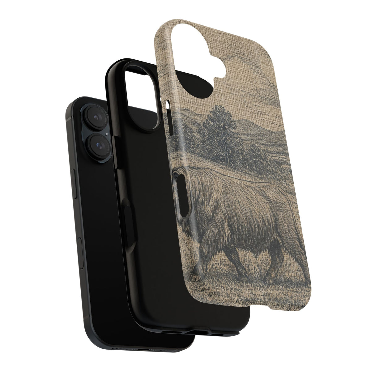 Highland Cow iPhone Case – Mini Highland - Linen Field Engraving | Tough Dual-Layer Case, iPhone 11–17