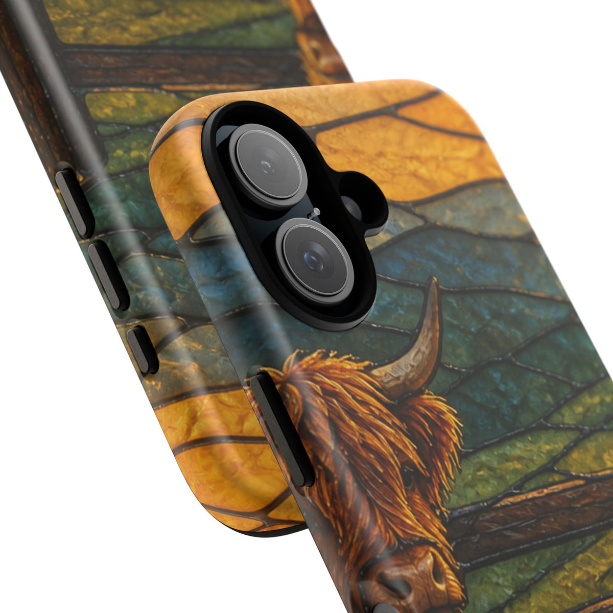 Highland Cow iPhone Case – Mini Highland - Stained Glass Morning Pasture | Tough Dual-Layer Case, iPhone 11–17