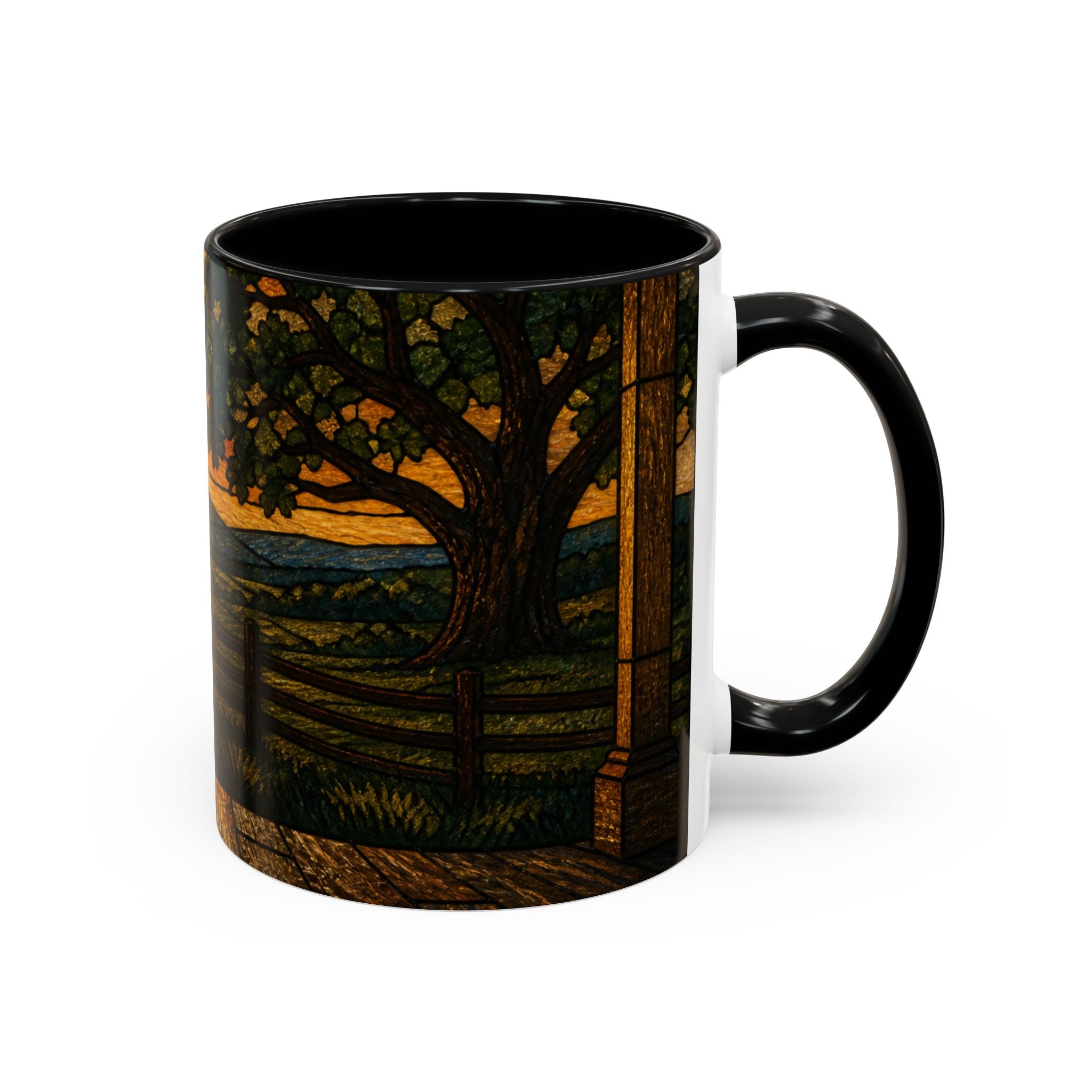 Farmhouse Coffee Mug – Stained Glass Porch Sunrise | Ceramic Accent Mug, 11oz or 15oz