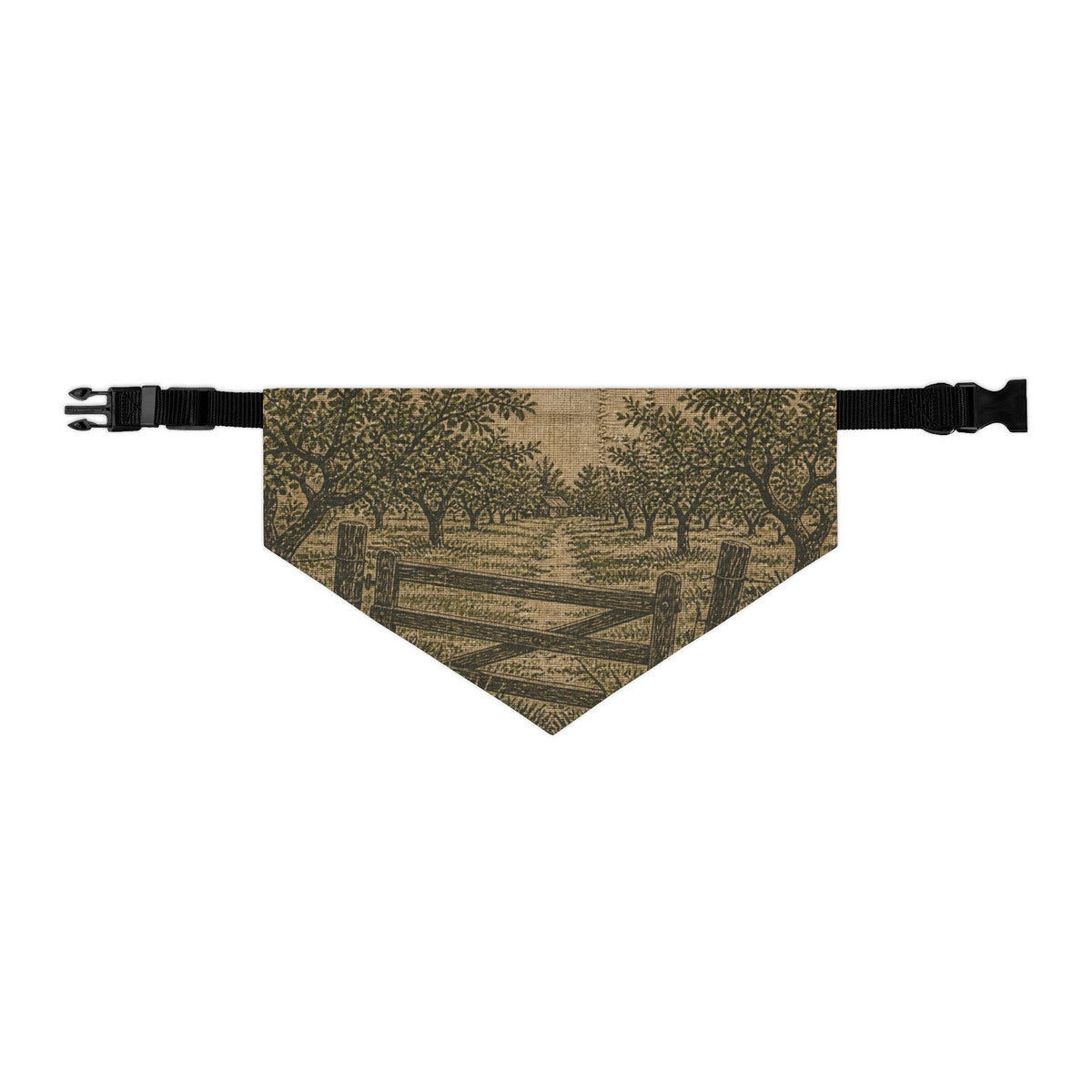 Dog Bandana Collar – Grain-Sack Orchard Gate | Machine-Washable, S–XL
