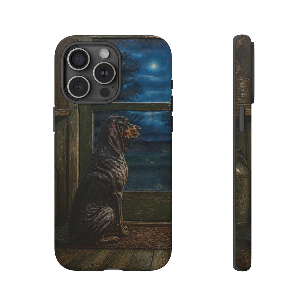 Coonhound Dog iPhone Case – Coonhound at the Screen Door Painted Tin | Tough Dual-Layer Case, iPhone 11–17