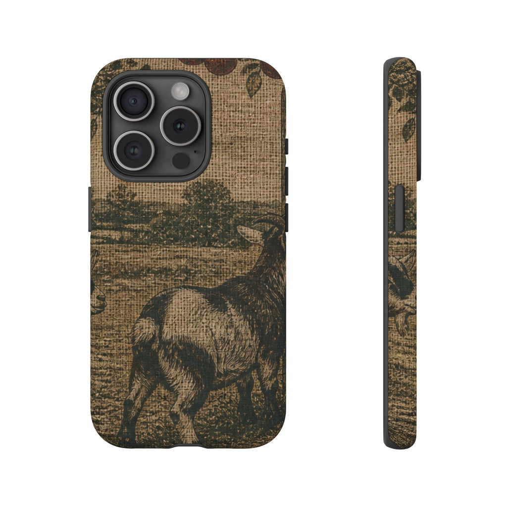 Goat iPhone Case – Pygmy Goats - Grain-Sack Orchard Gate | Tough Dual-Layer Case, iPhone 11–17