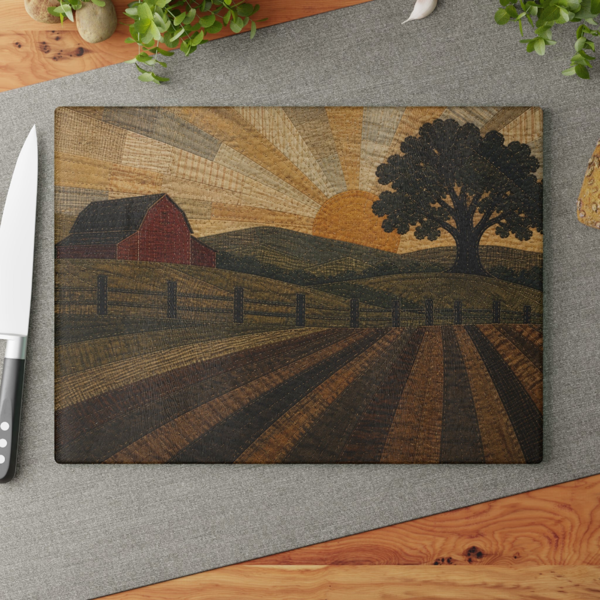 Glass Cutting Board – Quilted Pasture Sunset | Tempered Glass Charcuterie & Serving Board