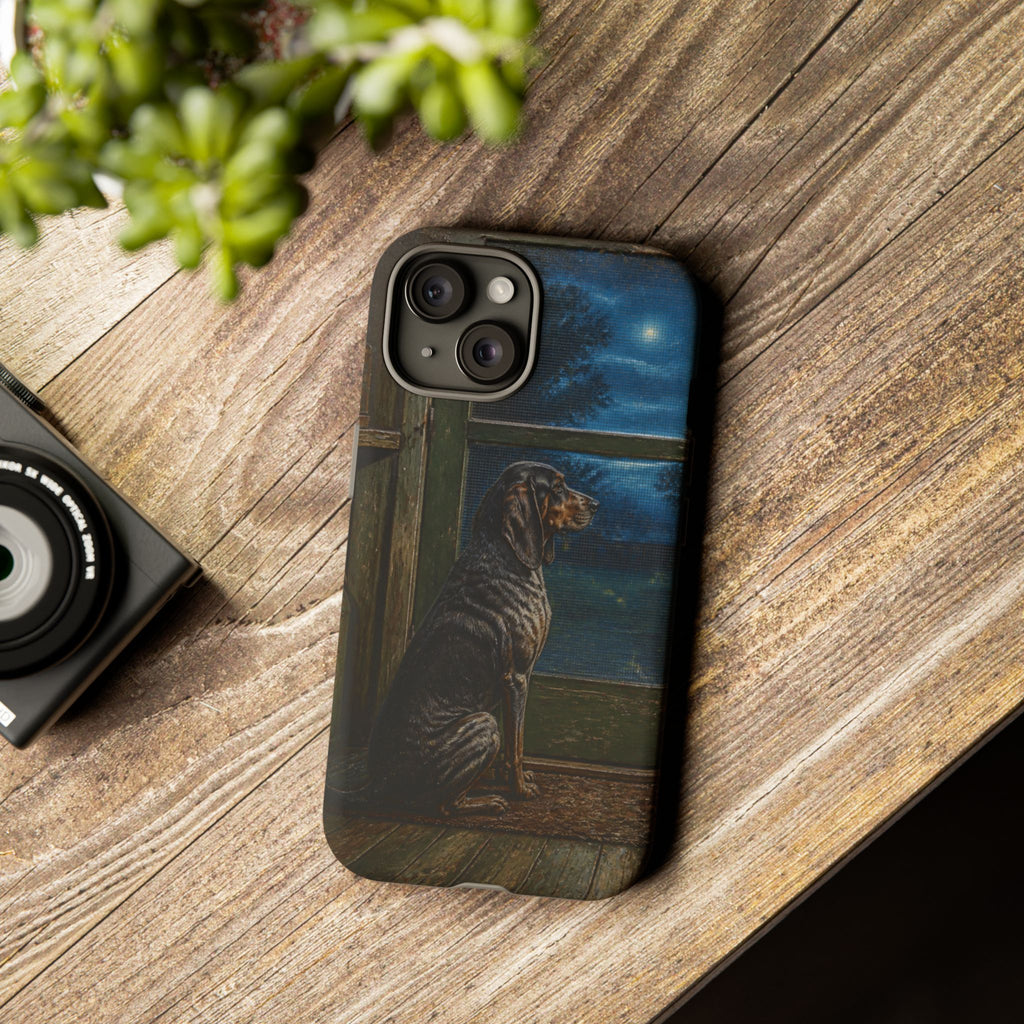 Coonhound Dog iPhone Case – Coonhound at the Screen Door Painted Tin | Tough Dual-Layer Case, iPhone 11–17