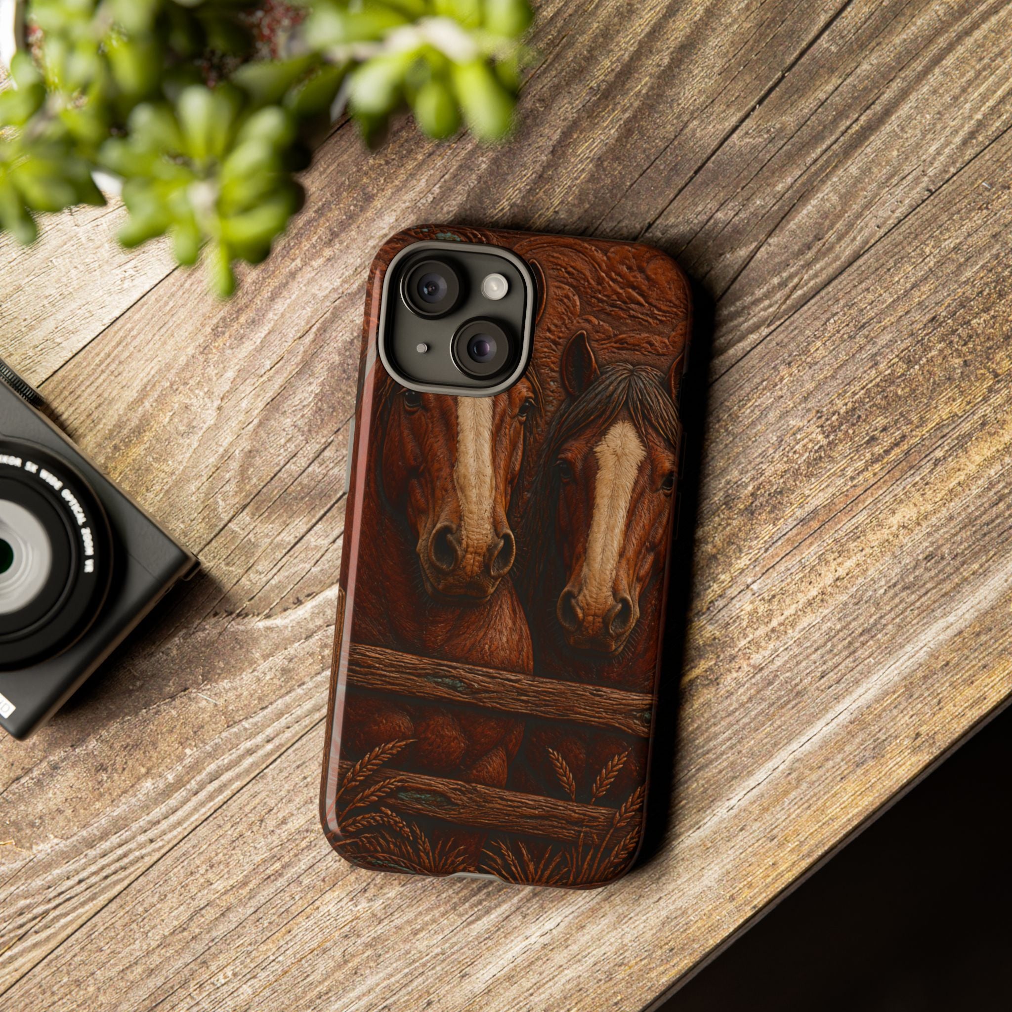 Draft Horse iPhone Case – Draft Horses at the Fence Tooled Leather | Tough Dual-Layer Case, iPhone 11–17