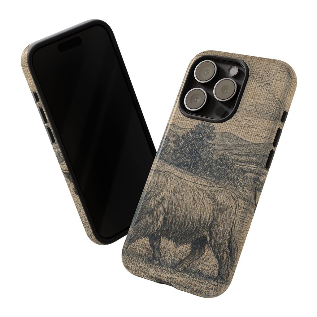 Highland Cow iPhone Case – Mini Highland - Linen Field Engraving | Tough Dual-Layer Case, iPhone 11–17