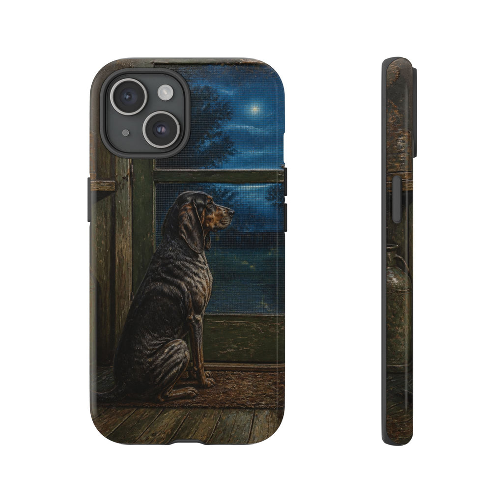 Coonhound Dog iPhone Case – Coonhound at the Screen Door Painted Tin | Tough Dual-Layer Case, iPhone 11–17