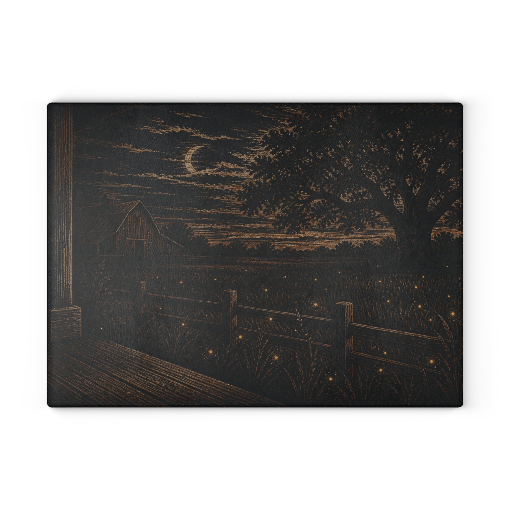 Firefly Glass Cutting Board – Night Linocut Fireflies | Tempered Glass Charcuterie & Serving Board