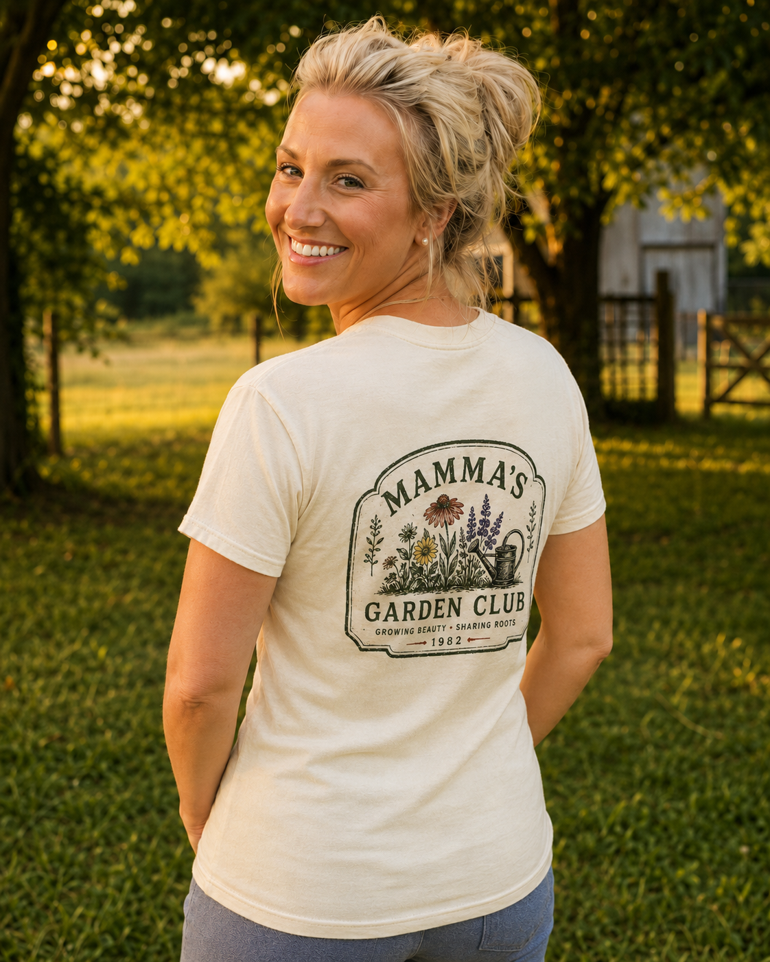 Mamma's Garden Club tee, back print, worn at the farm