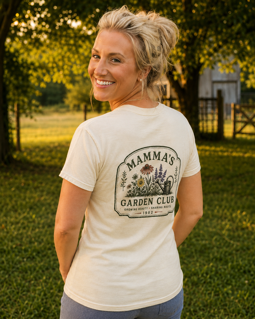 Mamma's Garden Club tee, back print, worn at the farm