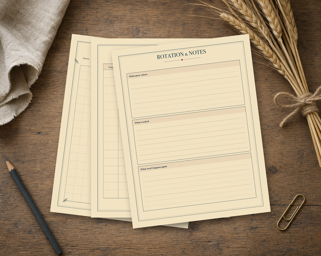 The Garden Planner sheets on a farmhouse worktable