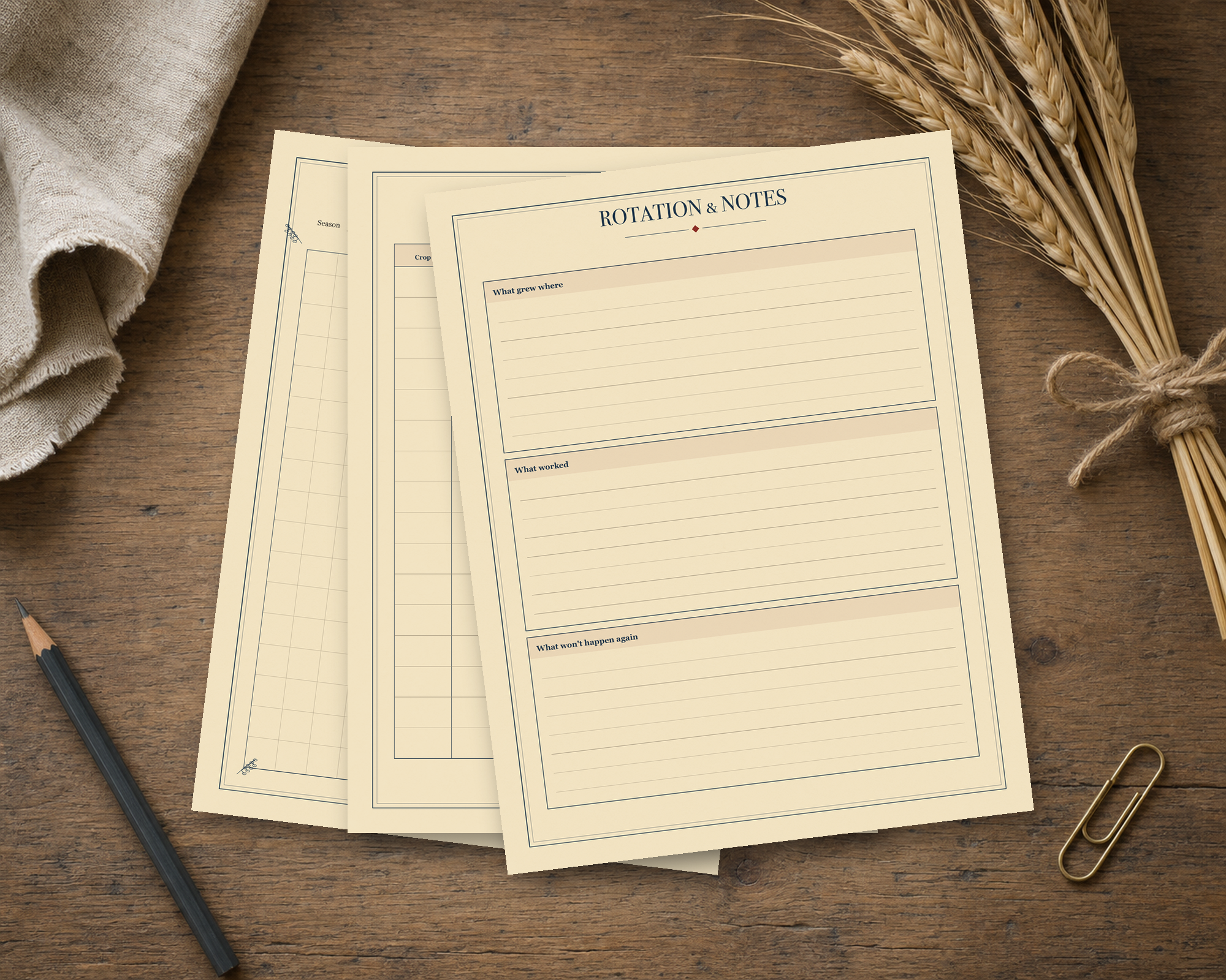 The Garden Planner sheets on a farmhouse worktable