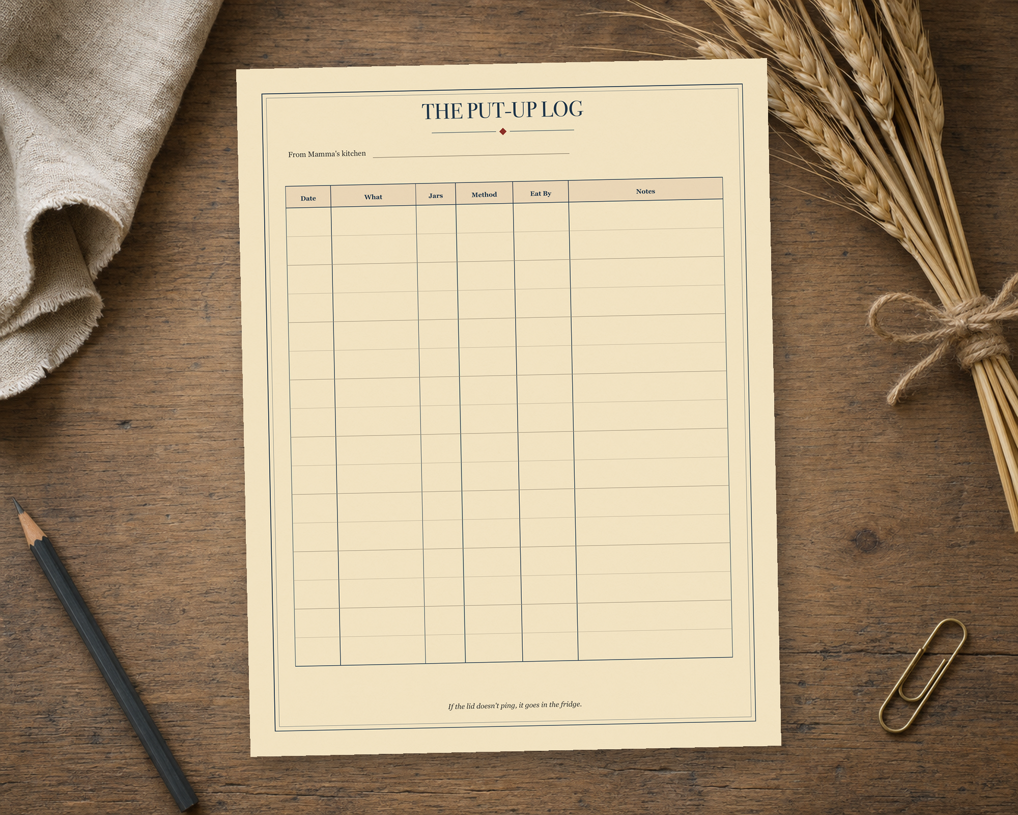 The Put-Up Log sheet on a farmhouse worktable