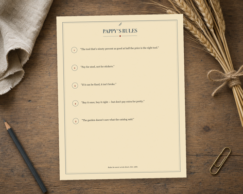 Pappy's Rules wall print on a farmhouse worktable